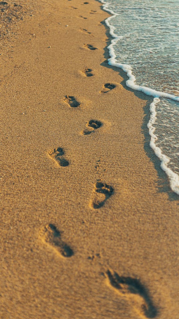 Footprints in sand along a tranquil beach shoreline at sunrise.